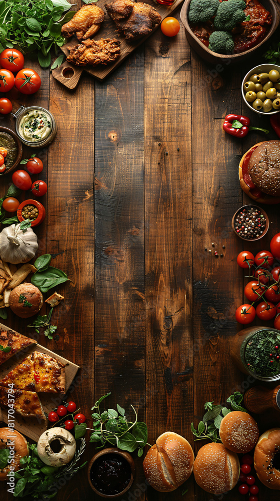 Top view of Pizza, fried chicken,hamburger, donuts, in a wood table, empty space un the middle for text_16 Top view of Pizza, fried chicken,hamburger, donuts, in a wood table, empty space un the middle for text_16