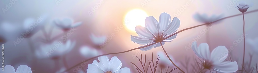 Obraz premium A serene scene with delicate white flowers against a soft pastel sky during sunrise The sun is positioned behind one of the flowers