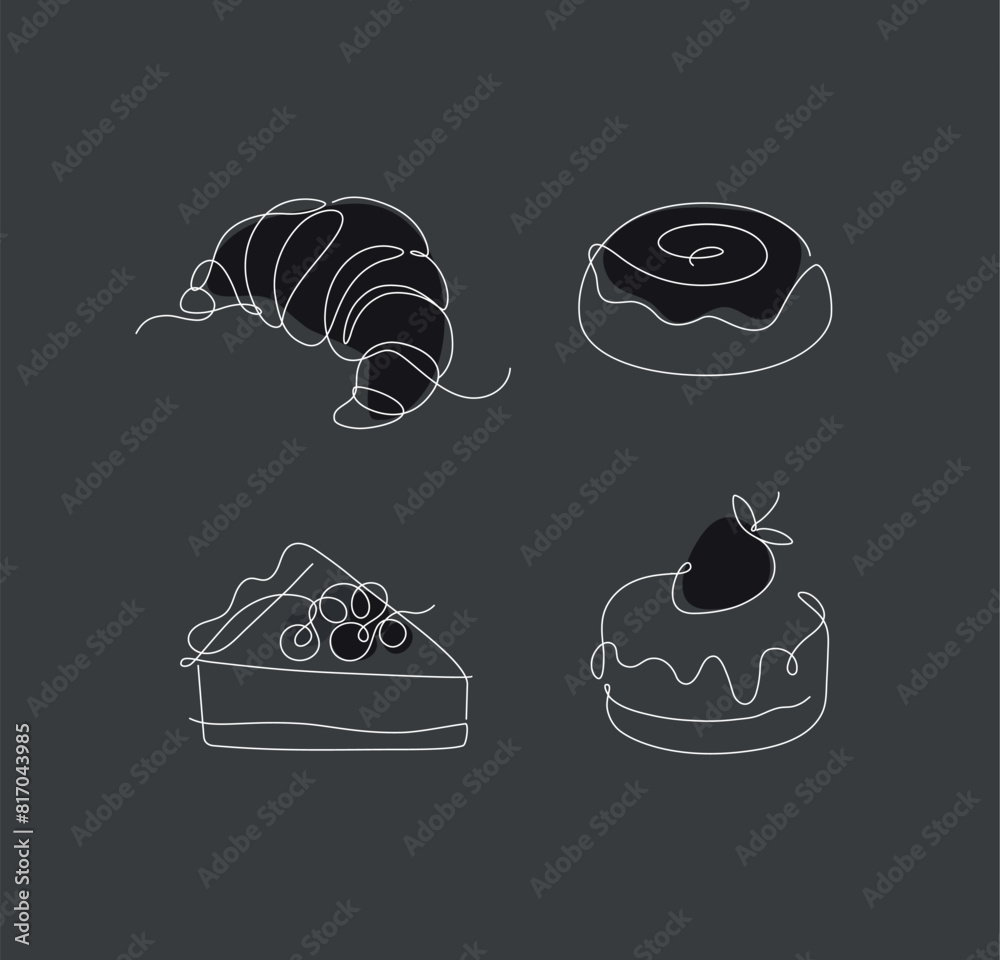 Bakery desserts cake, croissant, cupcake, bun icons drawing in linear style on black background