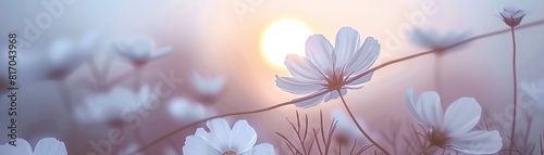 A serene scene with delicate white flowers against a soft pastel sky during sunrise The sun is positioned behind one of the flowers