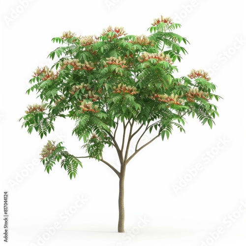 Tree with green leaves and flowers on a white background
