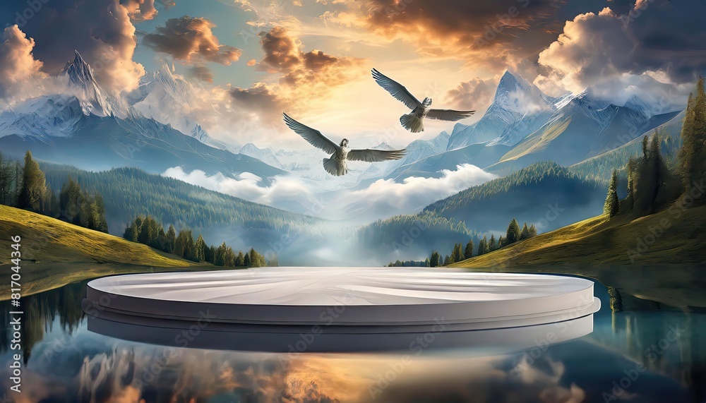 Obraz premium white podium with stages on heaven background. Floating clouds. Angels flying over the podium