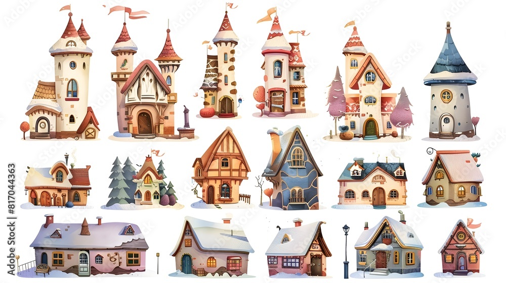 Naklejka premium Enchanting Storybook Inspired Architectural Showcasing Diverse Whimsical Homes and Castles