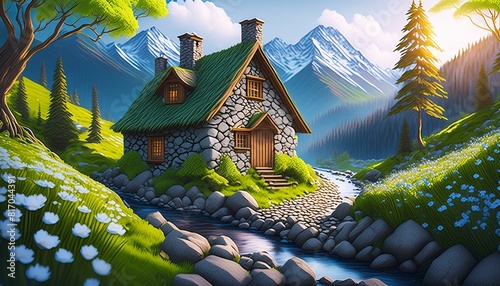Beautiful cozy fantasy stone cottage in a spring forest aside a cobblestone path and a babbling brook. Stone wall. Mountains in the distance. Magical tone and feel, hyper realistic. photo
