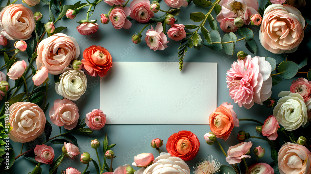 Timeless white paper invitation mockup with flower decor. Blank copy space. Timeless white paper invitation mockup with flower decor. Blank copy space.