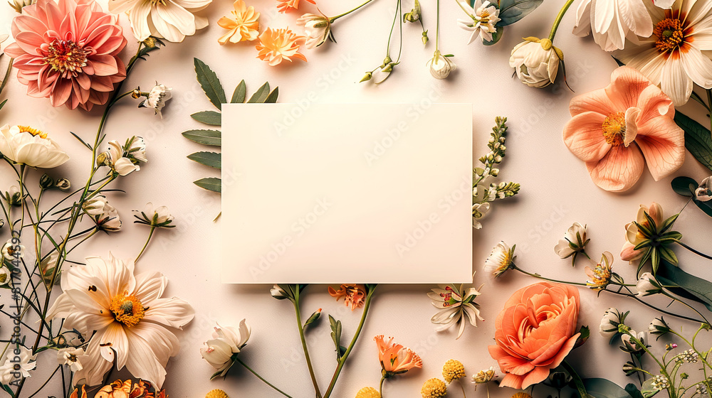 Whimsical white paper invitation template with flowers. Blank copy space. Whimsical white paper invitation template with flowers. Blank copy space.