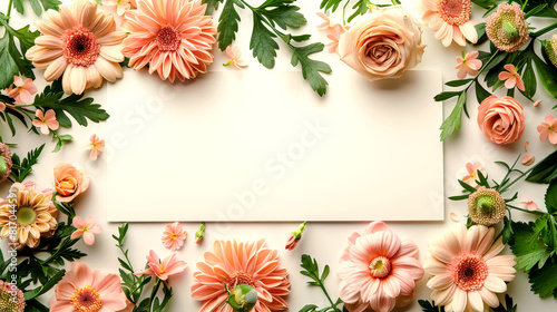Chic floral frame around blank invitation card mockup. Blank copy space.