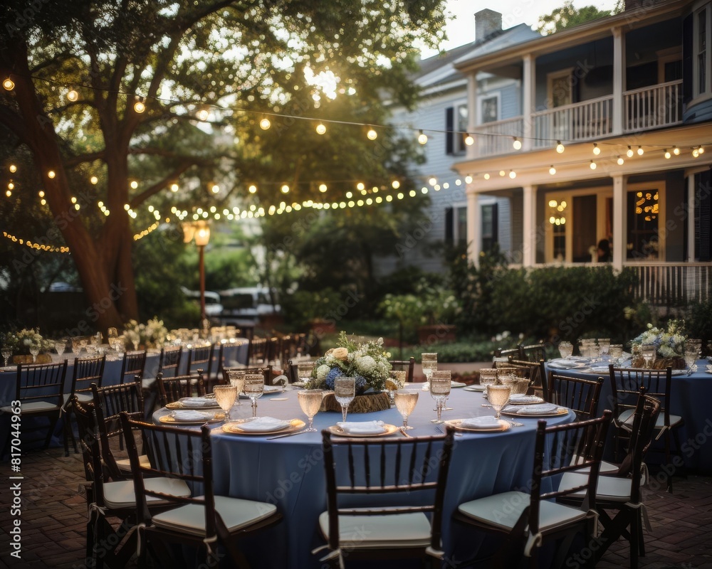 A beautiful outdoor wedding reception is set up in a backyard with a large tree and a string of lights.