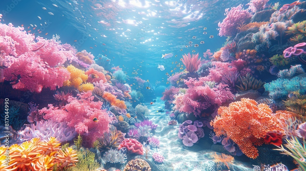 Obraz premium An image of a beautiful and colorful coral reef with a variety of corals, fish, and other sea life. 
