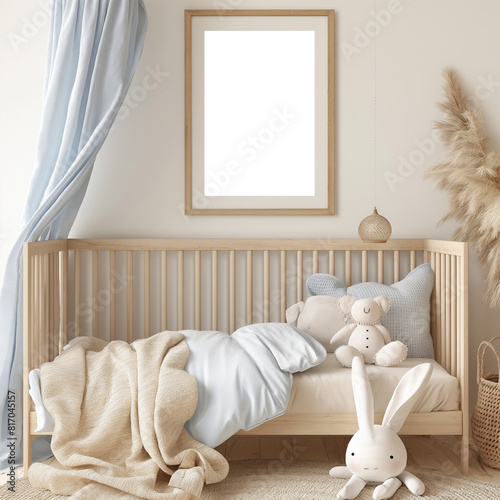 Mock up frame in children room with natural wooden furniture  Farmhouse style interior background