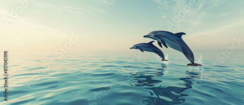 Two dolphins are jumping out of the water in a beautiful blue ocean