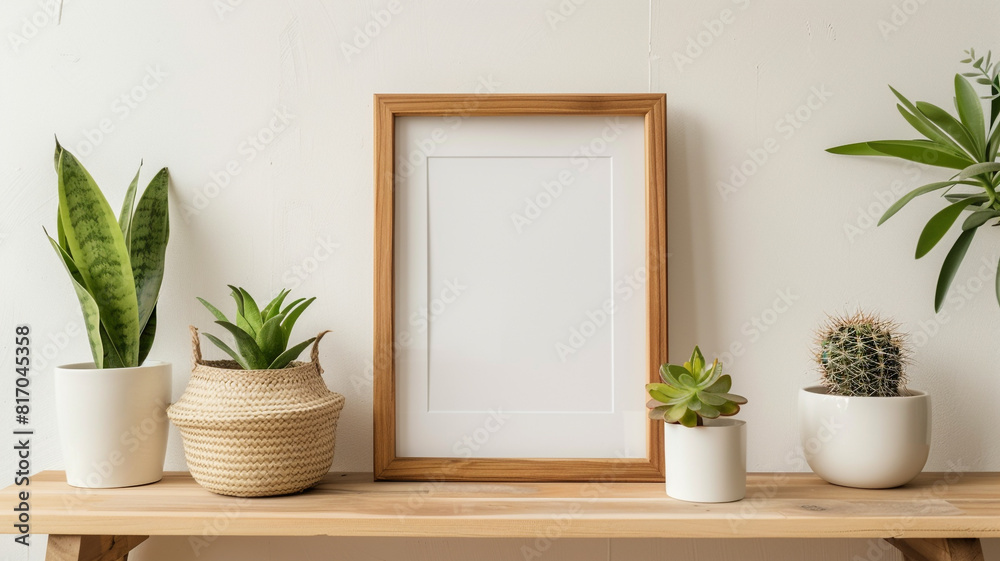 Fototapeta premium brown wooden photo frame on the table
