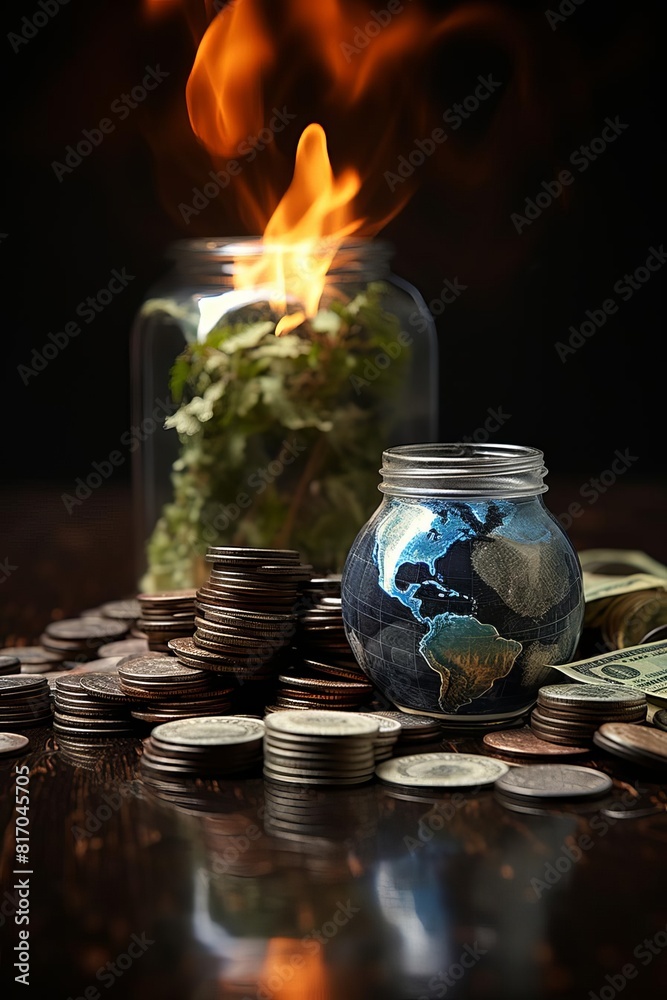 The image shows a jar filled with money and a plant growing out of it