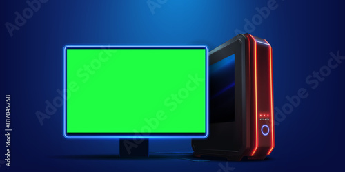 Modern Gaming PC Setup with Green Screen Monitor on Neon Background. The screen is blank, ready for custom content, ideal for gaming, streaming, or tech-related projects. Vector illustration