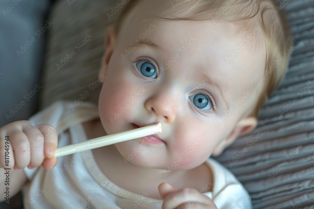 A baby is seated on a couch, holding a straw in her mouth A baby is seated on a couch, holding a straw in her mouth