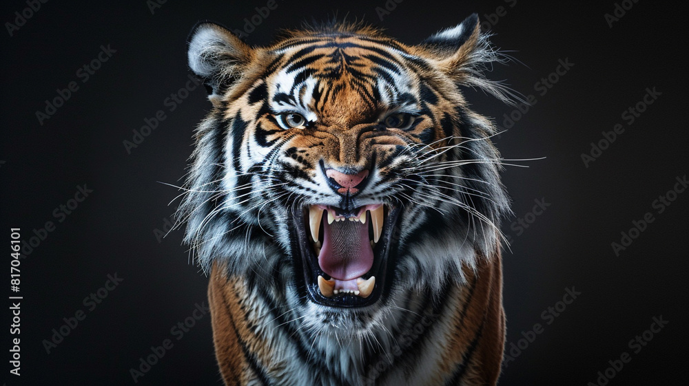 Fototapeta premium Tiger snarling isolated on a black background