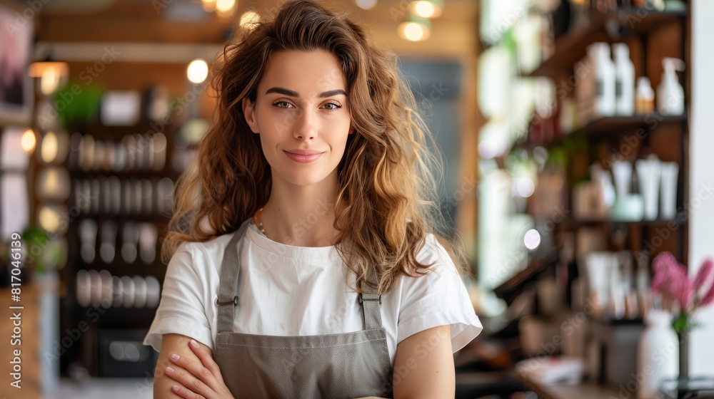A woman with long hair stands in front of a store with a smile on her face A woman with long hair stands in front of a store with a smile on her face