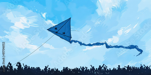 Untethered Aspirations: A kite, its string cut free, glides effortlessly above a diverse gathering of individuals, symbolizing their hopes and ambitions for a brighter future. photo