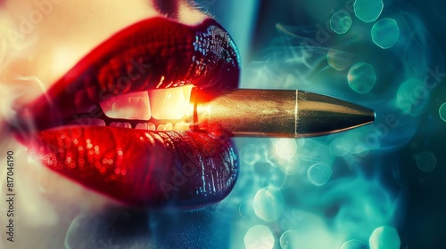 Close-up of a bullet flying from a mouth, symbolizing toxic people, with a fashion background, lightly inspired photo
