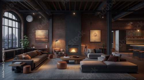 Dark living room loft with fireplace, industrial style, 3d render © Katrin_Primak
