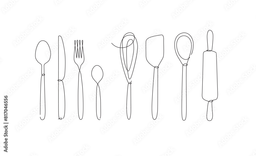 Kitchen appliances and cutlery spoon, fork, knife, teaspoon, whisk, rolling pin, spatula drawing in linear style on white background.