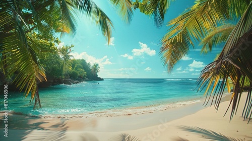 tropical beach with palm trees swaying gently in the summer breeze