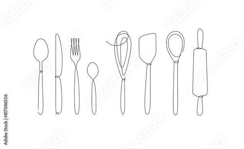 Kitchen appliances and cutlery spoon  fork  knife  teaspoon  whisk  rolling pin  spatula drawing in linear style on white background.