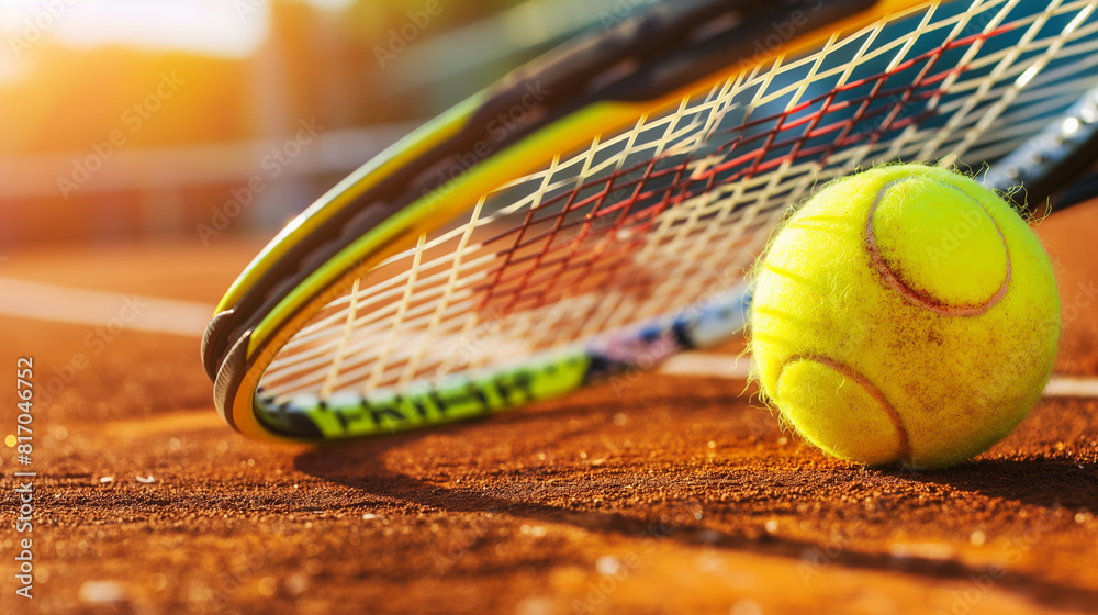 composição esportiva de tênis com uma bola de tênis amarela vibrante e uma raquete em uma quadra de tênis, promovendo um estilo de vida esportivo e saudável