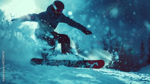 White  man practicing snowboarding sport  person is focused and enjoying the sport  sports photograph  generative ai