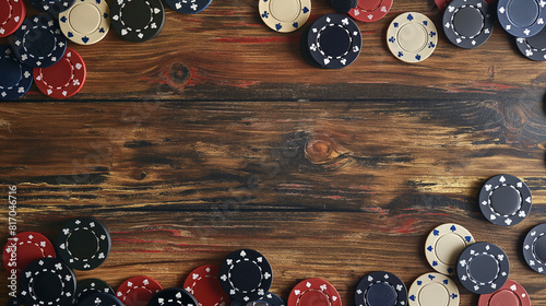 Uma variedade de fichas de pôquer estão espalhadas sobre uma mesa de madeira rústica, criando uma autêntica atmosfera de pôquer. O fundo lembra um cassino animado photo