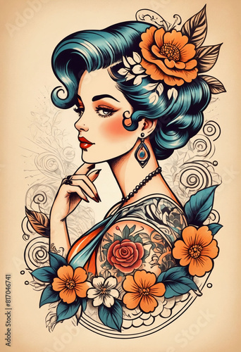 A lady woman tattoo texture design illustration, sketch vintage illustration photo