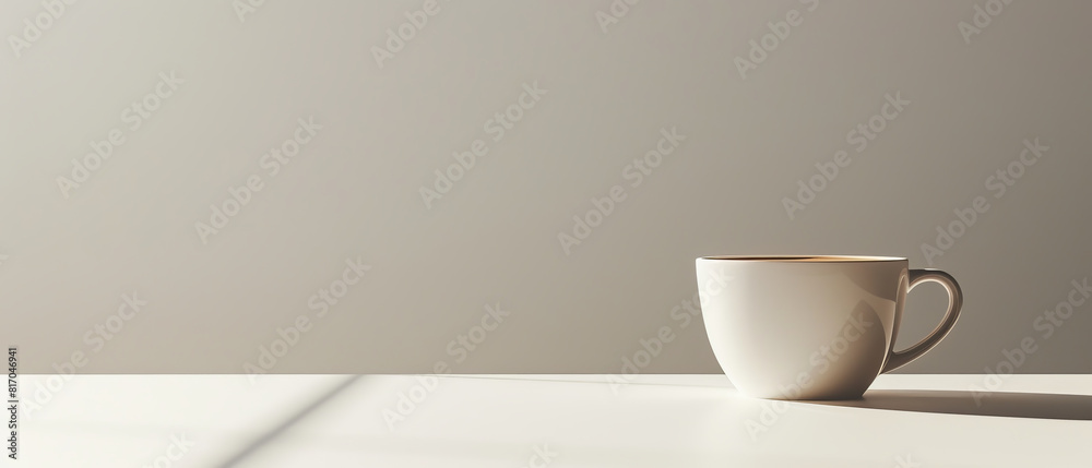 A white coffee cup sits on a table in front of a white wall A white coffee cup sits on a table in front of a white wall