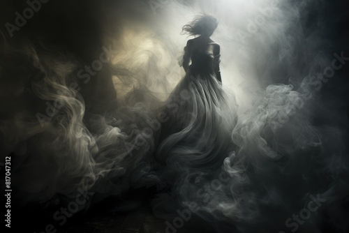 A woman in a long dress is standing in smoke in a mysterious setting. Generative AI