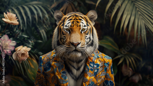  Tiger in luxurious lush outfit isolated on natural floral background of wildlife, foliage, green forest, nature, habitat