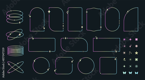 Modern minimalist aesthetic line holographic elements set. Linear geometric frames and Y2K forms.