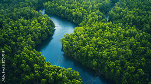 top view of green forest and blue winding river