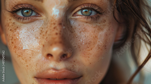  Close-Up of a Woman with Freckles and Moist Skin