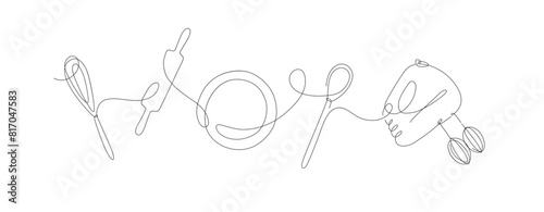 Obraz na płótnie Kitchen tools whisk, spatula, plate, rolling pin silhouette drawing in linear style on white background w salonie