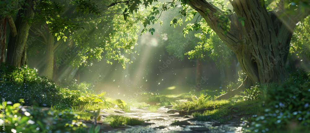 A forest with a stream running through it A forest with a stream running through it