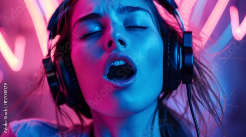 Woman with her eyes closed, wearing over-ear headphones, and appears to be deeply engrossed in listening to music
