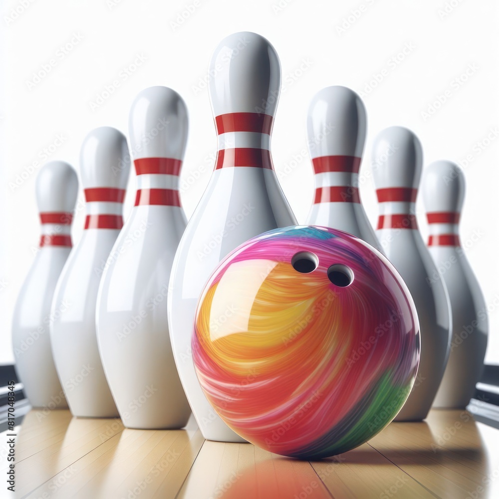 A vibrant skittle and a white bowling ball, ready for an exciting game of bowling on a polished alley A vibrant skittle and a white bowling ball, ready for an exciting game of bowling on a polished alley