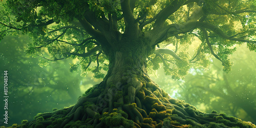 Emblematic Forest Green  A tree  its gnarled roots etched with the tales of hardship  strives towards the azure heavens