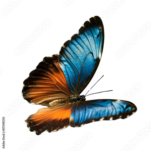 A blue and orange butterfly with open wings on a white background.