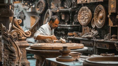 A man is shaping clay on a pottery wheel in a workshop, surrounded by tools and finished ceramic pieces.
