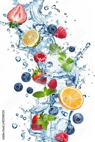 multivitamin water splash wave with various fruits peppermint leafs and ice cubes isolated on white background 