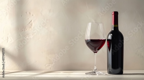 A clean background sets the stage for a bottle of red wine and a filled wine glass, capturing the essence of luxury and relaxation.