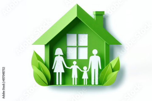 green home paper house icon with family Isolated on white background
