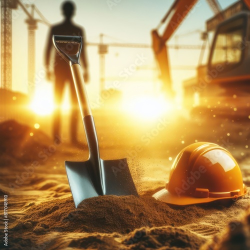 Shovel and hardhat at a groundbreaking blurred construction background photo