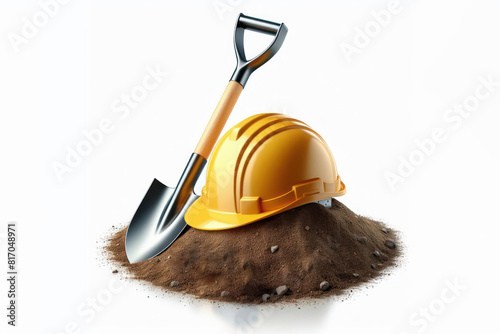 Shovel and hardhat at a groundbreaking Isolated on white background photo