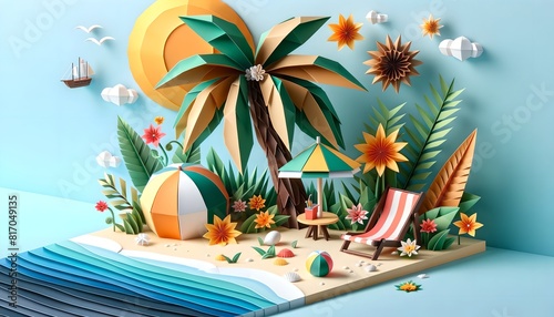 3D Origami Beach Scene with Tropical Flair